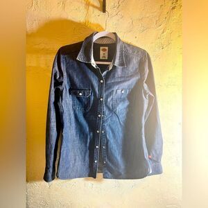 Dickie’s Denim Button-Up Shirt with pearl buttons, cuff and side detail- awesome